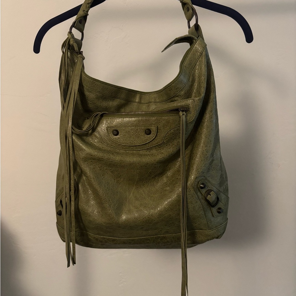 Authentic Balenciaga City Day bag; military olive green shoulder/hobo style